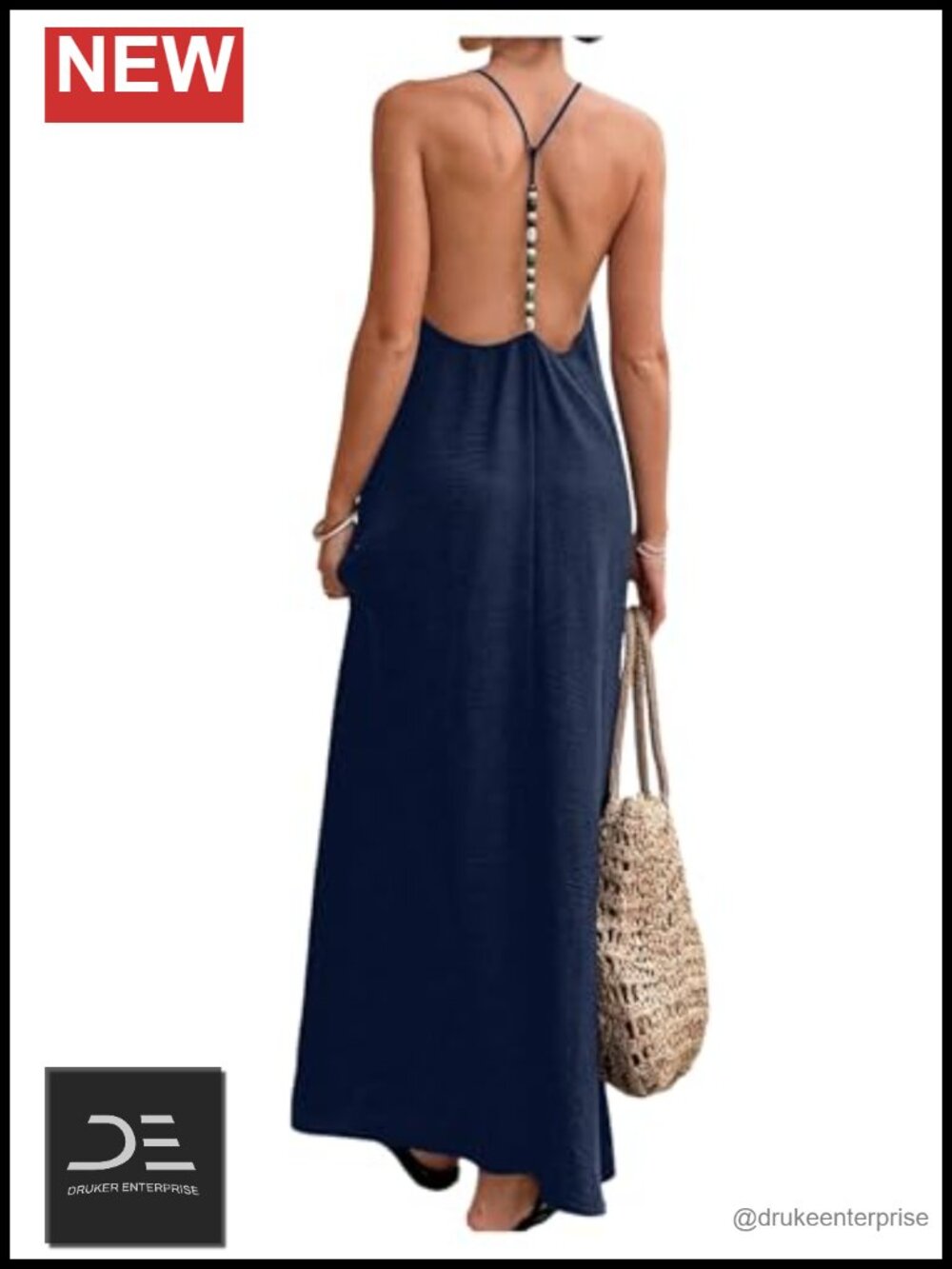Sleeveless V-Neck Backless Linen Maxi Dress Beaded Strap Sundress
